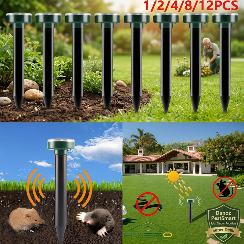 Danoz PestSmart solar repeller pack overview in a garden setting