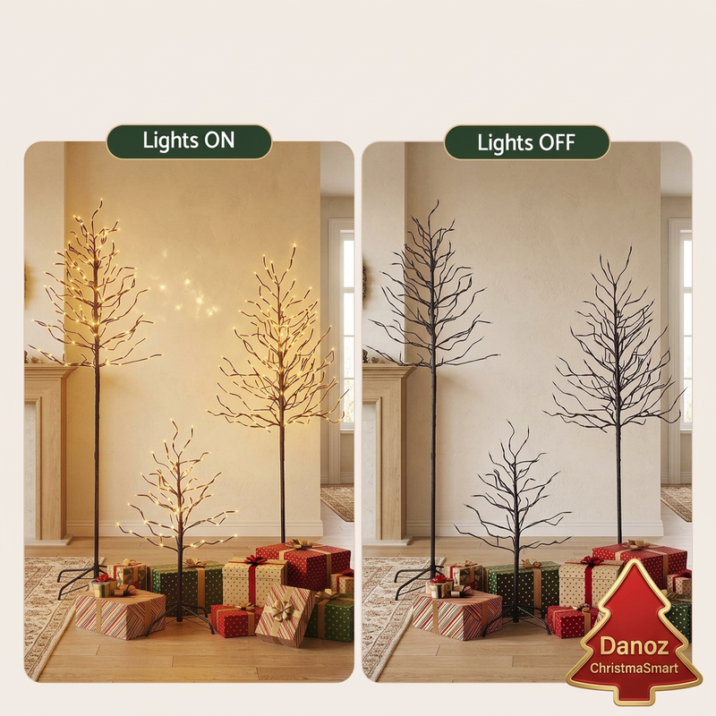 Three twig trees with lights on and lights off