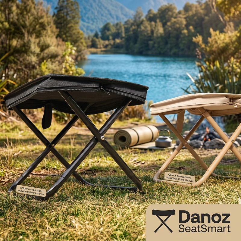 Black and tan PocketStool colour comparison beside a lake; black bundle supplied