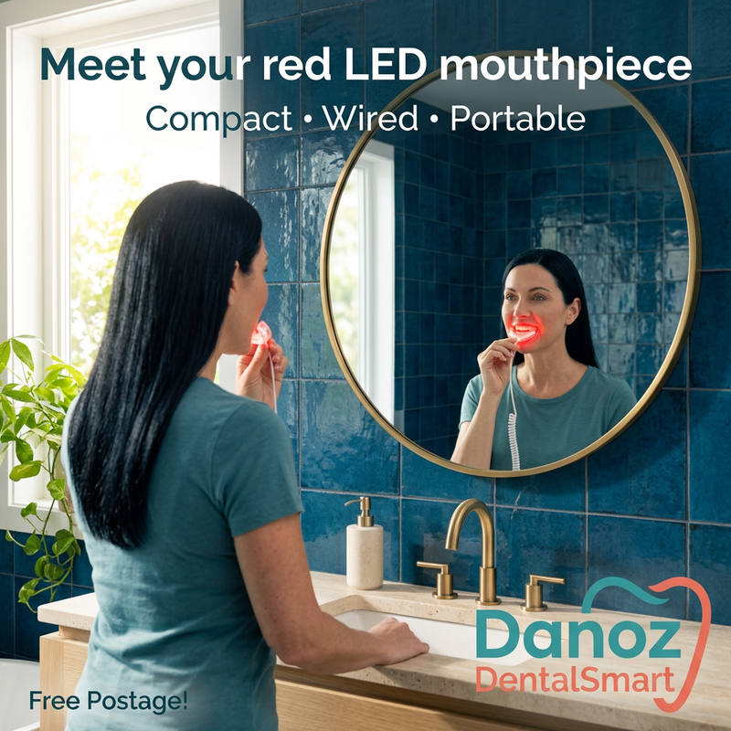 Woman looking into a round mirror while using the DentalSmart LED mouthpiece in a bright blue-tiled bathroom