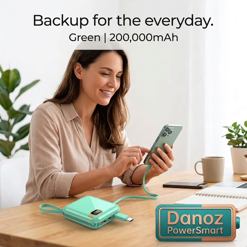 Woman charging a smartphone with a Green 200,000mAh PowerSmart power bank