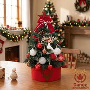 Red-and-white decorated Christmas tree without people