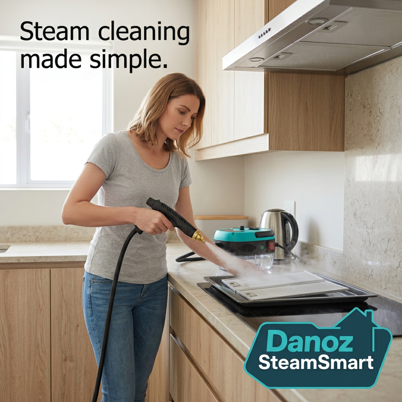 Woman using the blue SteamSmart on a removed metal filter