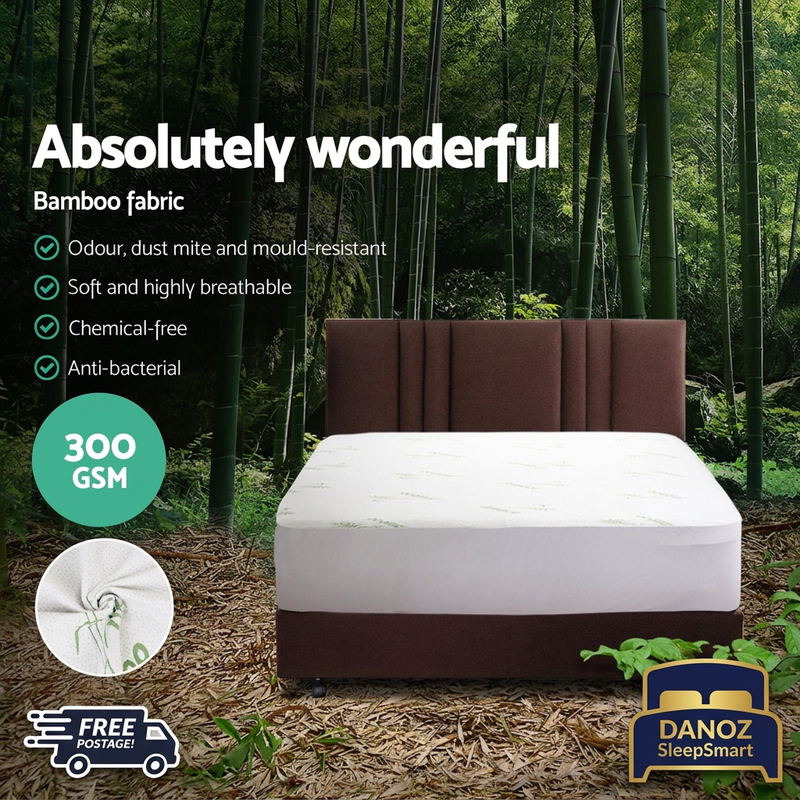 Resized original bamboo protector image with preserved content, Free Postage and bed-shaped SleepSmart badges