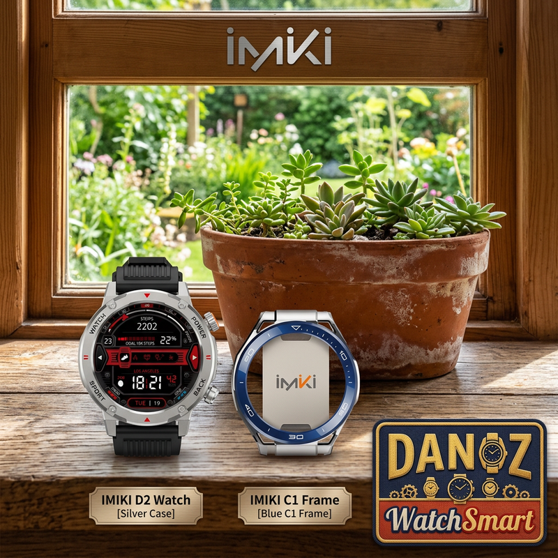 Silver IMIKI D2 smartwatch and blue C1 frame by garden window