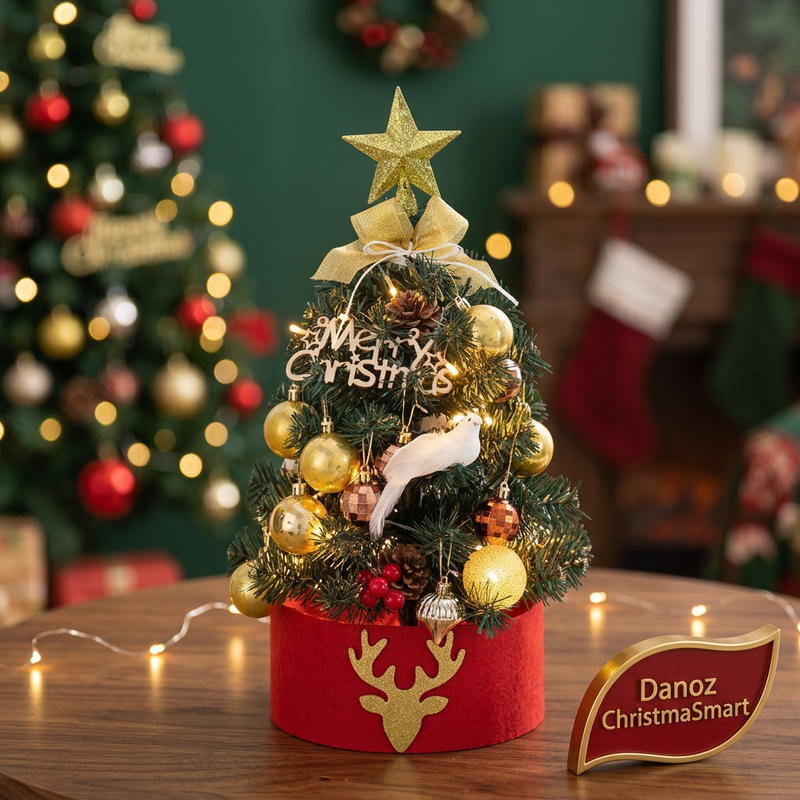 Close view of gold decorations and red reindeer base