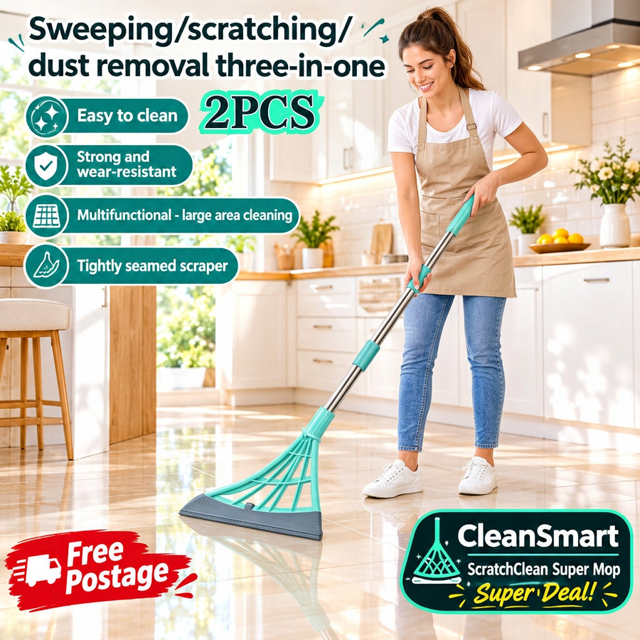 Woman demonstrating the CleanSmart silicone broom with the approved sweeping grip in a kitchen