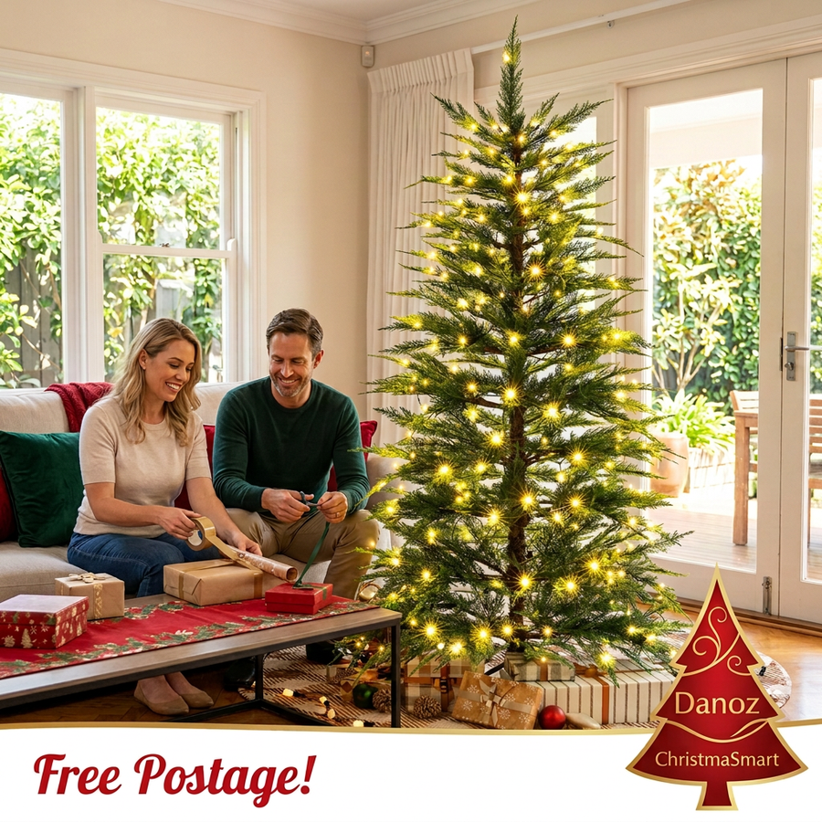 Danoz ChristmaSmart pre-lit Christmas tree beside a couple wrapping gifts, Free Postage