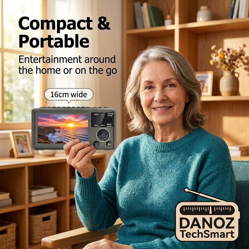Woman holding Danoz TechSmart with sunset picture