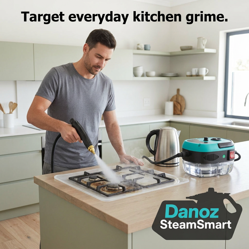 Man using the blue SteamSmart steam cleaner on a removed hob grate