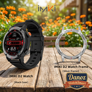 Black IMIKI D2 case with silver D2 frame option in garden cafe