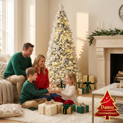 Family exchanging gifts beside the warm LED pencil tree