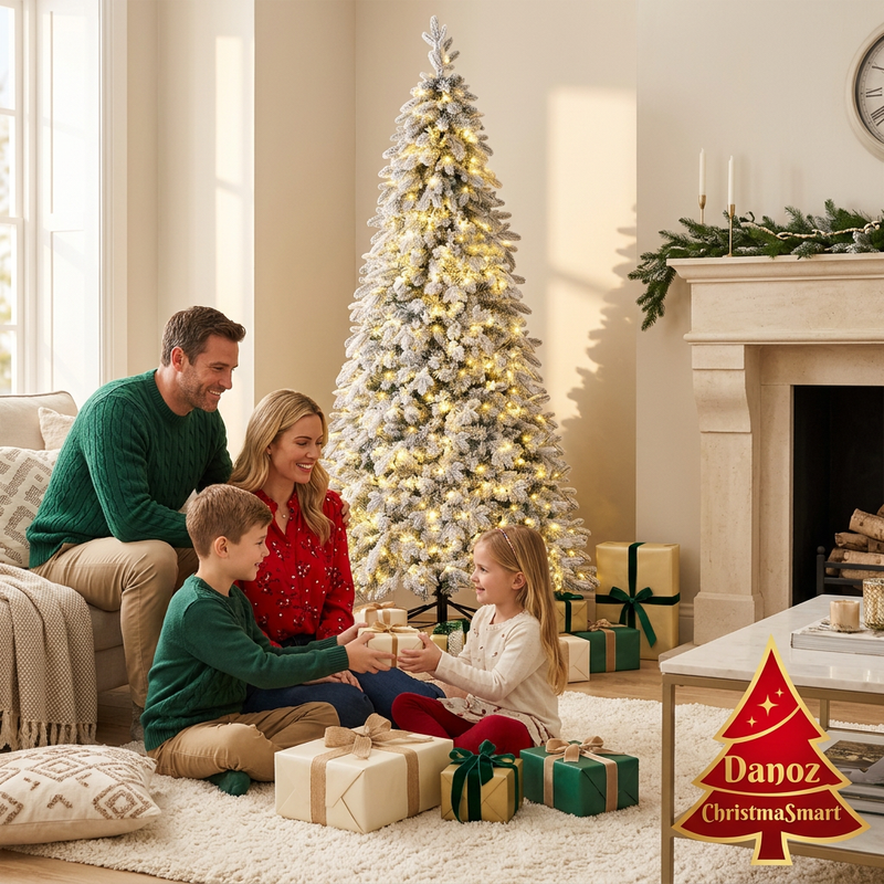 Family exchanging gifts beside the warm LED pencil tree