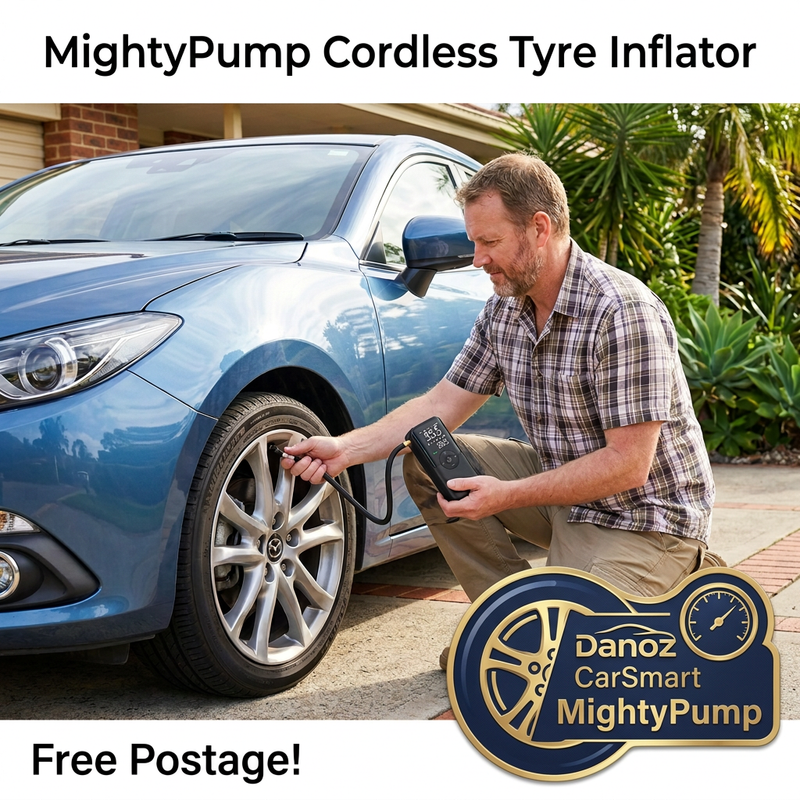 Man using compact MightyPump on car tyre with Free Postage and Danoz CarSmart badge