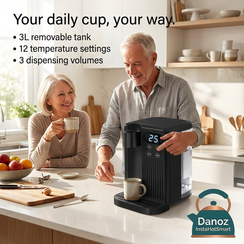 Older couple making tea with a realistically sized countertop InstaHotSmart dispenser