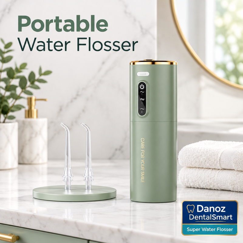 Portable green DentalSmart water flosser on bathroom vanity