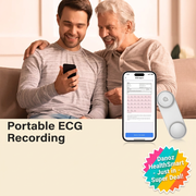 Family viewing ECG app with colourful Danoz HealthSmart badge
