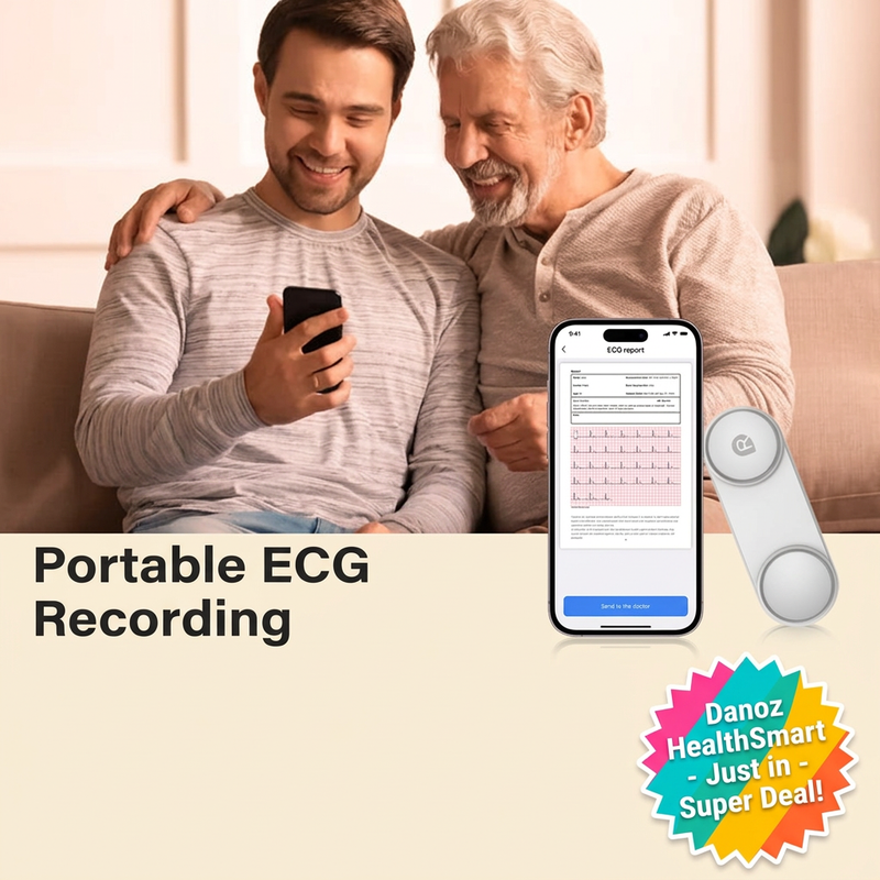 Family viewing ECG app with colourful Danoz HealthSmart badge