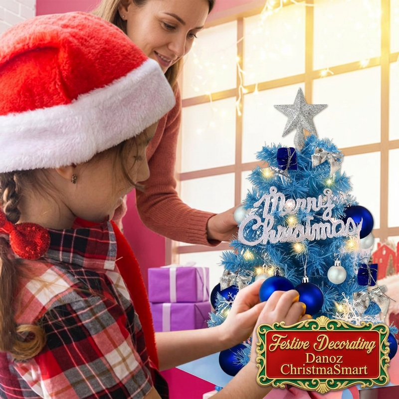 🎄 Danoz ChristmaSmart | Mini Blue Christmas Tree | LED String Lights & Decorative Ornaments | Tabletop Festive Sparkle | Free Postage!