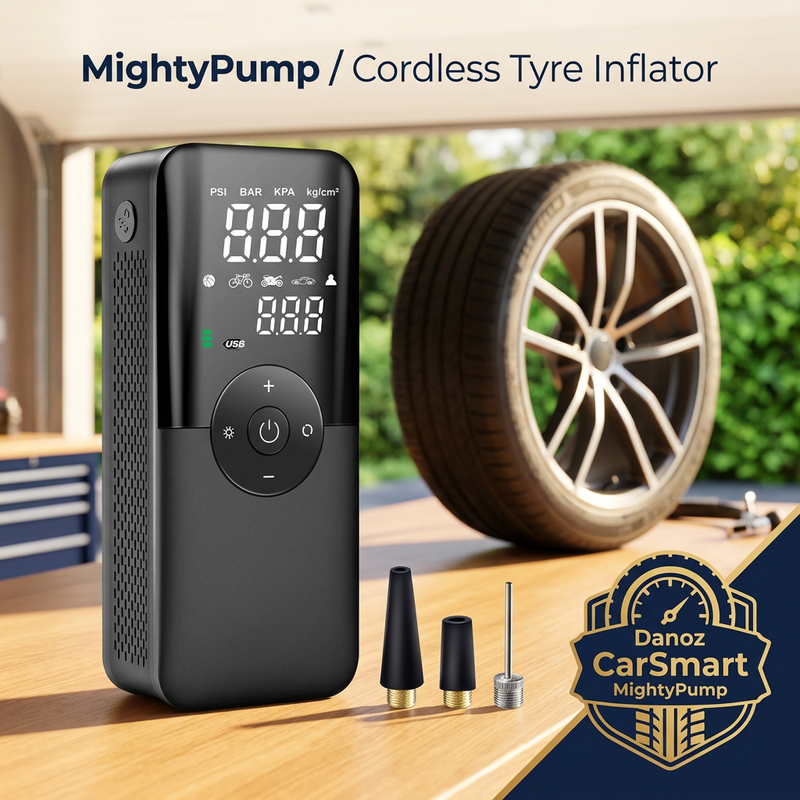 MightyPump digital controls and nozzle adaptors on garage workbench