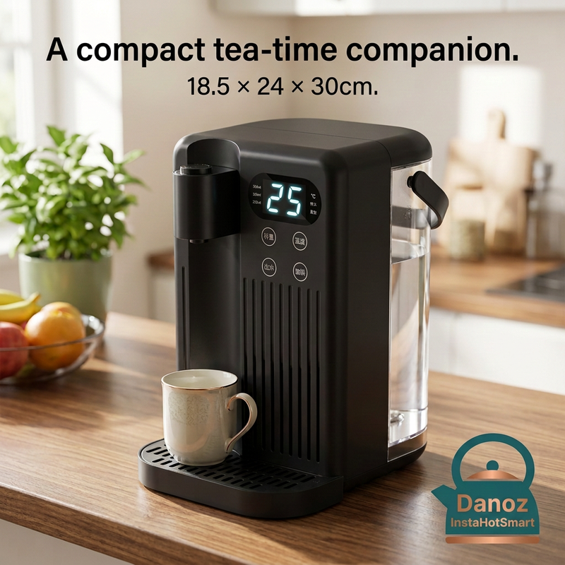 Compact black Danoz InstaHotSmart dispenser measuring 18.5 by 24 by 30cm