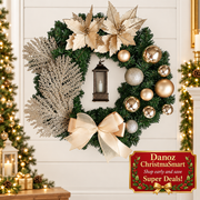 Champagne wreath with flowers silver foliage baubles and ribbon bow