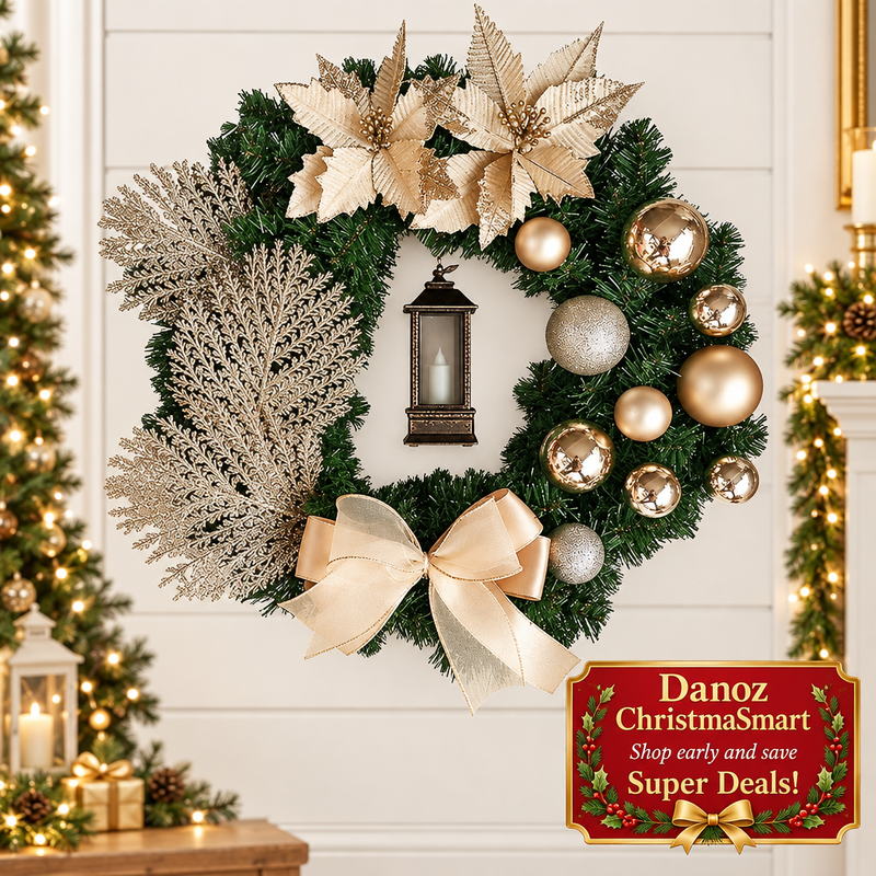 Champagne wreath with flowers silver foliage baubles and ribbon bow