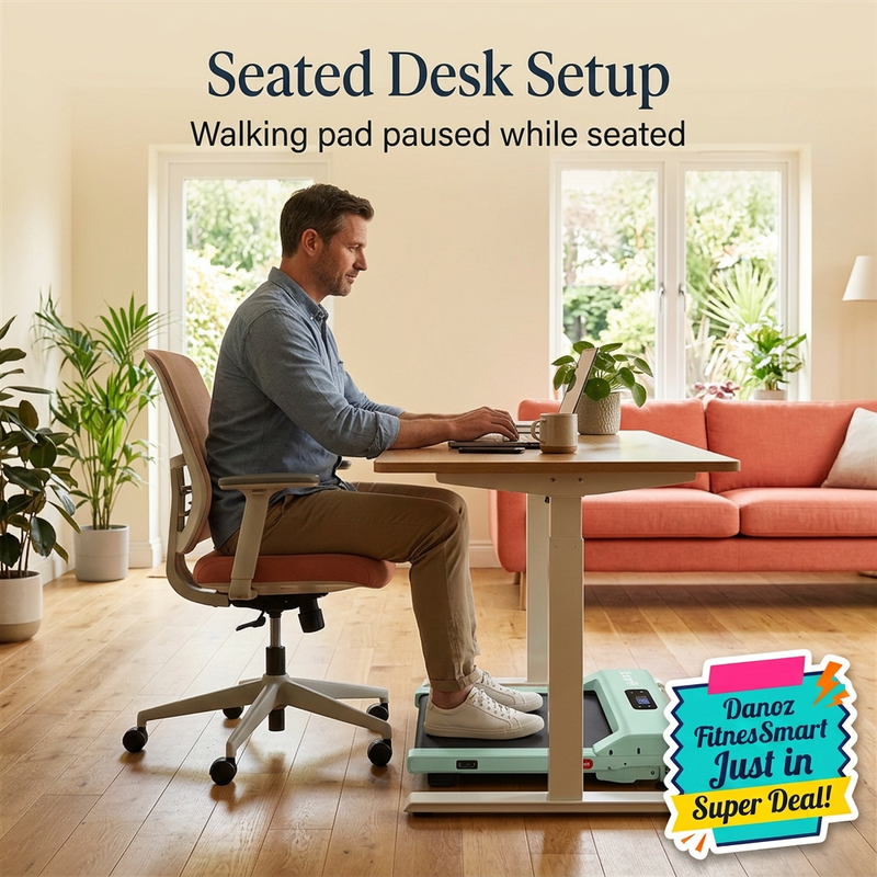 Man seated at desk with chair wheels on floor and walking pad paused under desk