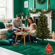 Family wrapping gifts beside the mini Christmas tree
