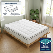 Giselle Queen mattress topper with black piping and baffle box diagram in a fresh bedroom