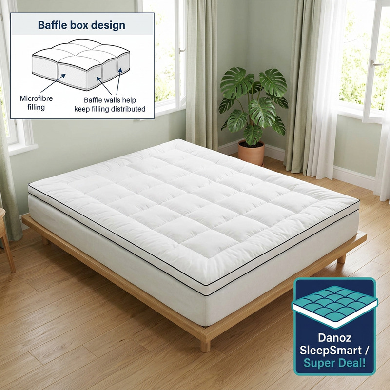 Giselle Queen mattress topper with black piping and baffle box diagram in a fresh bedroom