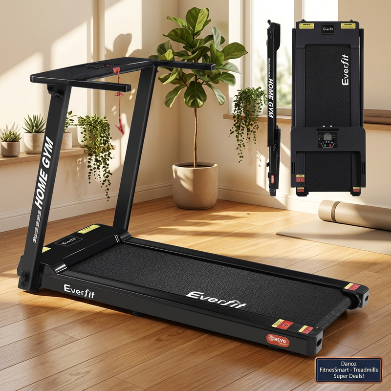 Black Everfit fully foldable treadmill with folded product views