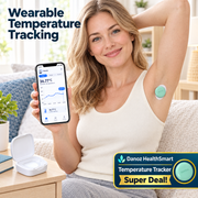 Adult woman wearing HealthSmart thermometer at the armpit while viewing the app