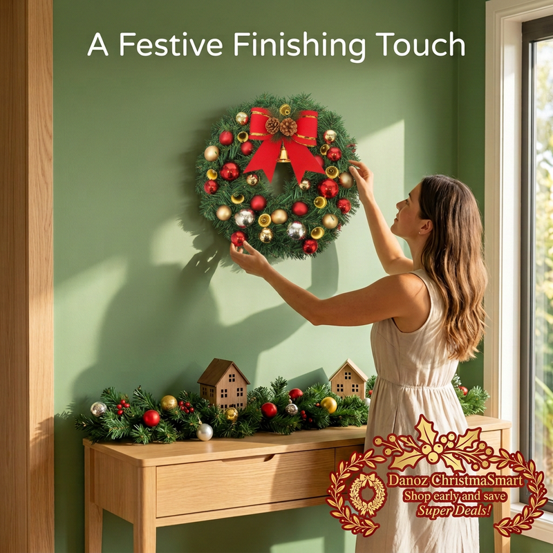Woman arranging ChristmaSmart wreath above a festive console