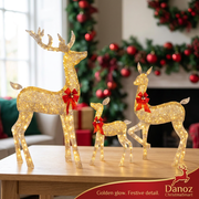 Gold LED deer family with red bows and bell details