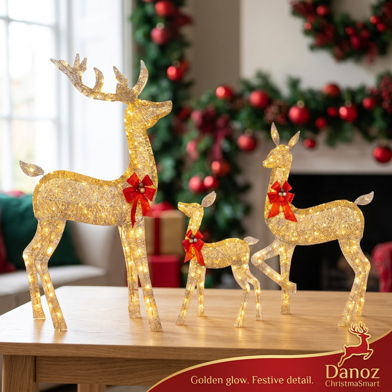 Gold LED deer family with red bows and bell details