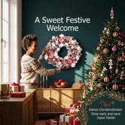 Woman arranging a candy-style Christmas wreath in a festive room