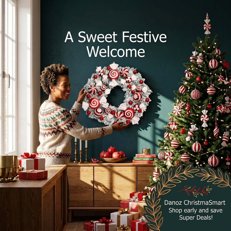 Woman arranging a candy-style Christmas wreath in a festive room