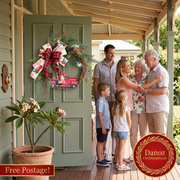 Red pickup truck Christmas wreath on sage door with family welcoming grandparents and Free Postage