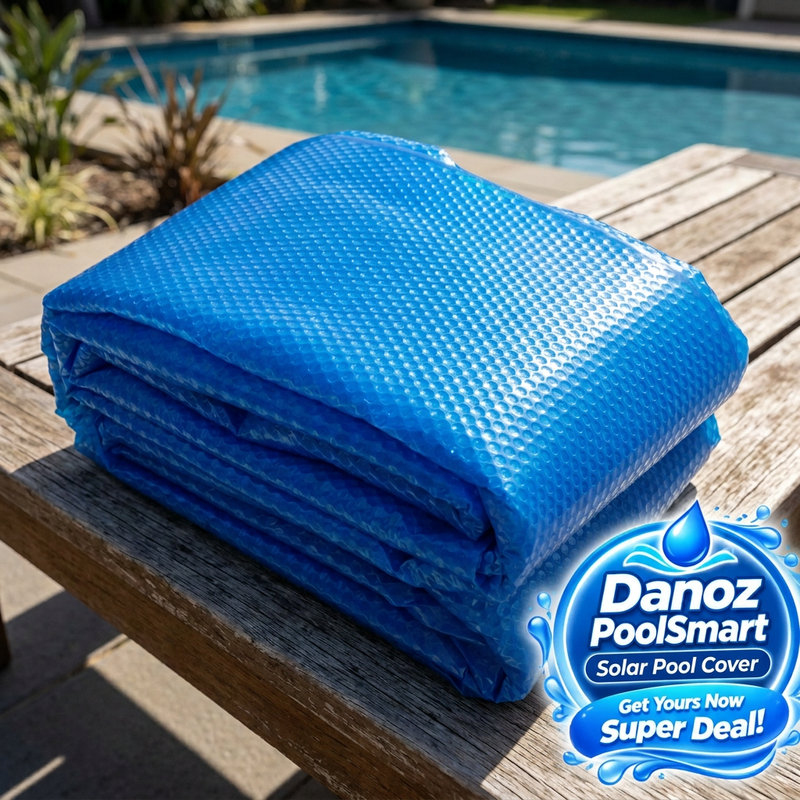 Folded blue solar pool cover at poolside with Danoz PoolSmart blue badge
