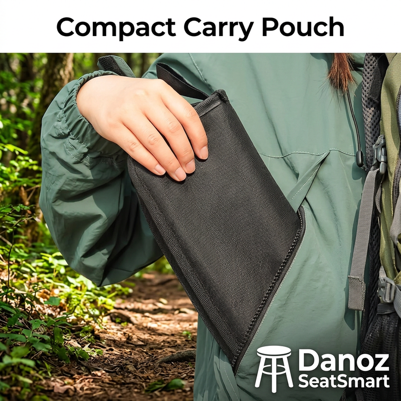 PocketStool black zippered carrying pouch on a forest trail