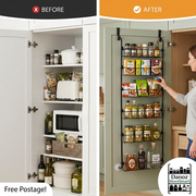 Before and after pantry organisation with woman using the six-tier StoreSmart rack and Free Postage