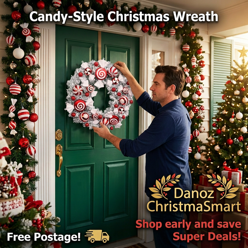Man hanging a red and white candy-style Christmas wreath on a festive green door