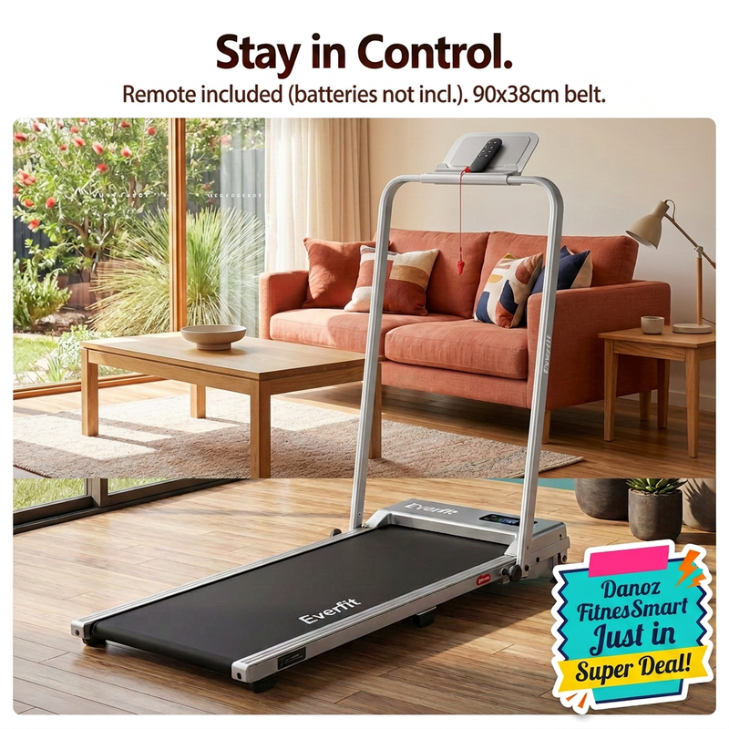 Treadmill and remote in cream-wall living room