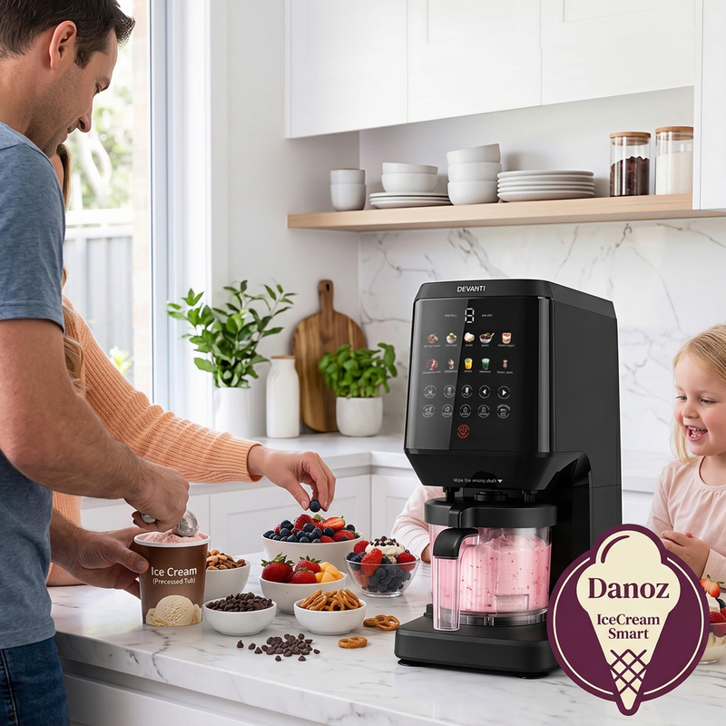 Family serving ice cream and fresh berries beside the IceCream Smart machine