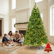 Family wrapping gifts beside the warm LED fir tree