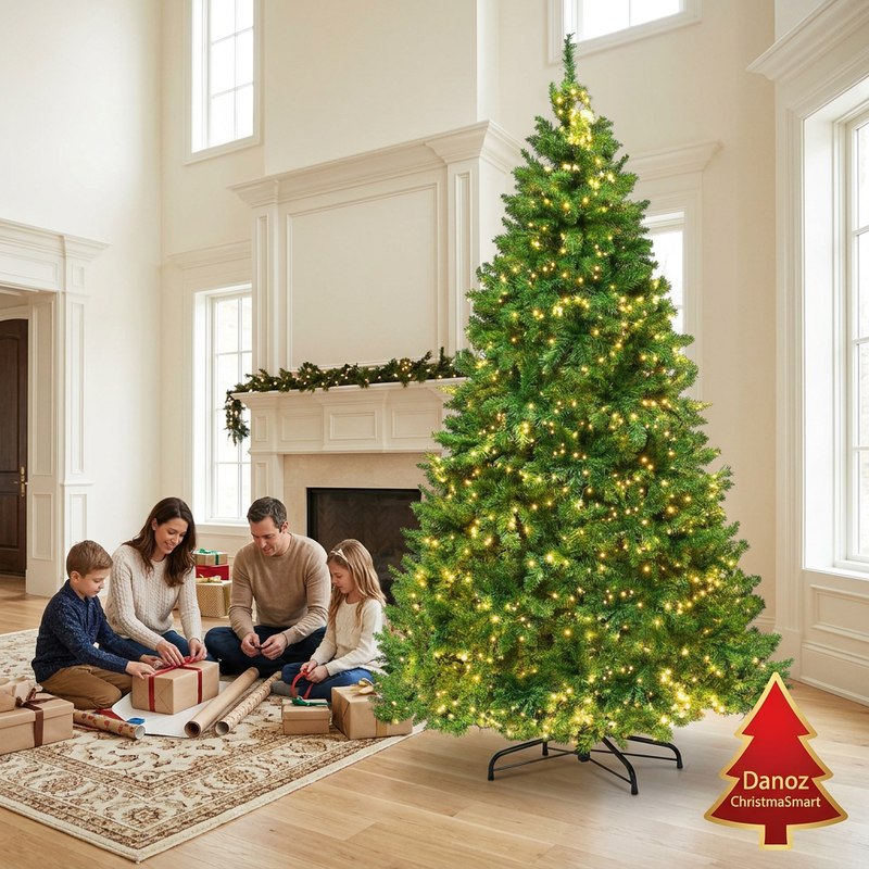 Family wrapping gifts beside the warm LED fir tree