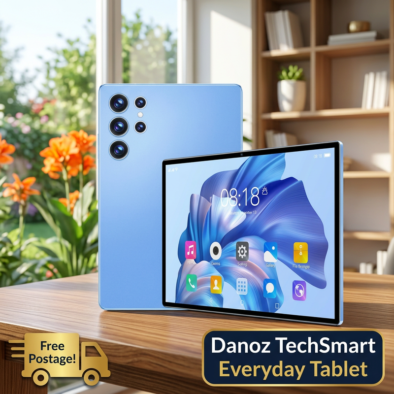 Blue Qetupa tablet front and rear views in sunny study with Free Postage badge