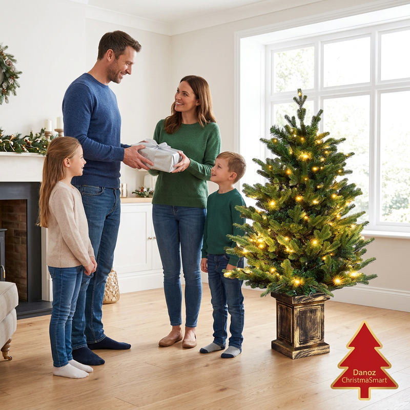 Family exchanging gifts beside a warm-white LED Christmas tree