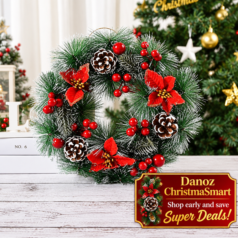 Frosted poinsettia Christmas wreath tabletop display